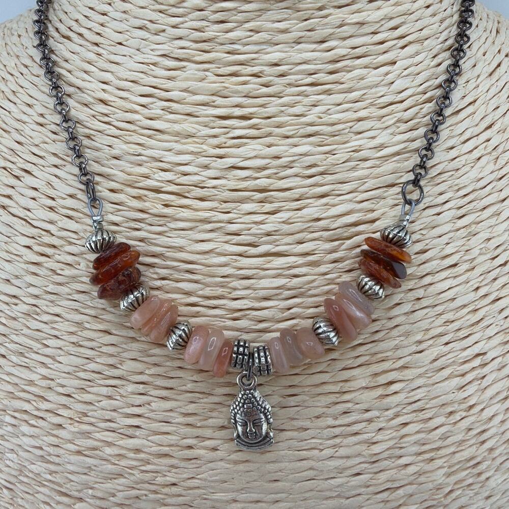 Artisan Handcrafted Amber Sunstone Buddha Statement Necklace